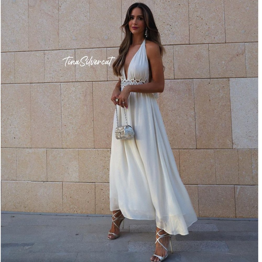 Zara White Cream Rhinestone Midi Dress NWT - Picture 2 of 16